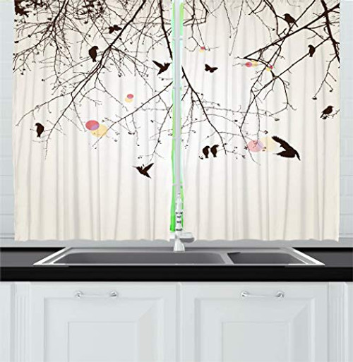 Ambesonne Nature Kitchen Curtains Tree Branches Birds and Flowers Floral Spring Season Sunbeams Art Window Drapes 2 Panel Set for Kitchen Cafe Decor 55 inch  X 39 inch  Pink