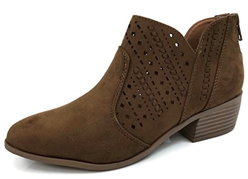 City Classified Womens Ankle Bootie Perforated Side V Cut Low Chunky Stacked Heel Chestnut 7