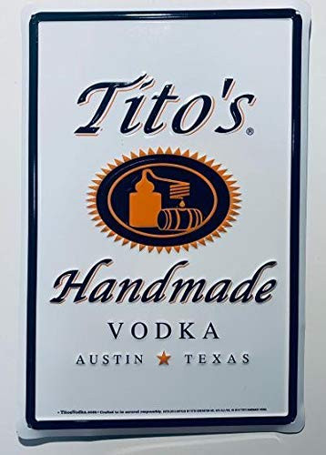 Titos Handmade Vodka White Tin Tacker Sign   Austin Texas   12 inch  x 8 inch    New