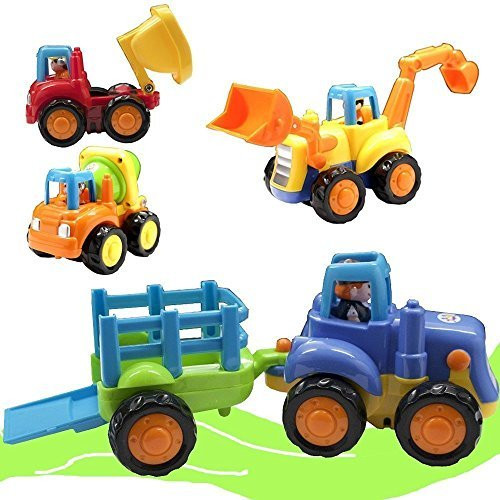 Friction Powered Cars, Push and Go Toy Trucks Construction Vehicles Toys Set for 1-3 Year Old Baby Toddlers- Dump Truck, Cement Mixer, Bulldozer, Tractor, Early Educational Cartoon ( Set of 4)