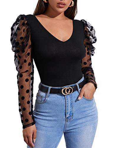 Romwe Womens Polka Dots Sheer Puff Long Sleeve V Neck Work Blouse Tops Black XL
