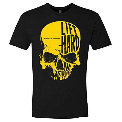Ironville Next Level Skull Lift Hard Die Strong Powerlifting Soft Blend T-Shirt  Art On Front - Black w Yellow X-Large