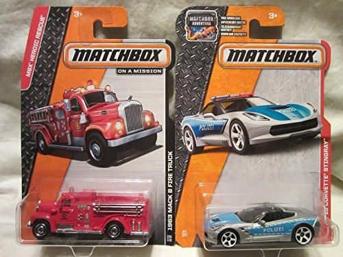 Matchbox MBX Heroic Rescue 1963 Mack B Fire Truck  and  15 Corvette Stingray Police Die Cast 1 64 Scale 2 Car Bundle