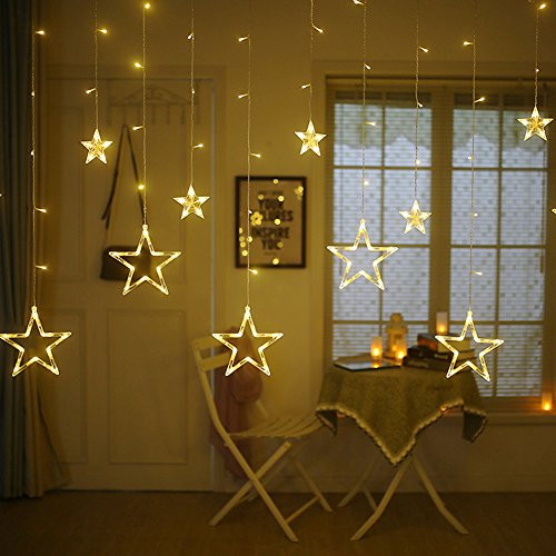 Twinkle Star 12 Stars 138 LED Curtain String Lights, Window Curtain Lights with 8 Flashing Modes Decoration for Christmas, Wedding, Party, Home, Patio Lawn, Warm White