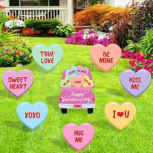 Aviat Valentines Day Decorations Outdoor 8PCS Large Valentines Conversation Hearts Corrugated Yard Signs with Stake Valentines Yard Lawn Decorations Walkway Decor  red