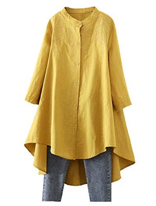 Minibee Womens Cotton Linen Shirt High Low Button Down Embroidered Blouse Long Sleeve Tunic Tops with Pocket Yellow XL