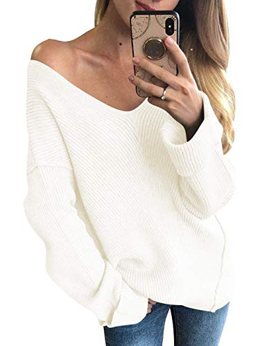 Margrine Womens Off Shoulder Sweater Batwing Sleeve Loose Oversized Pullover Knit Jumper White 2MA25-baise-XL