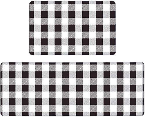 Pauwer Anti Fatigue Kitchen Floor Mat Set of 2 Non Slip Waterproof Comfort Standing Mat Thick Cushioned Anti Fatigue Kitchen Rug Runner Black and White Plaid