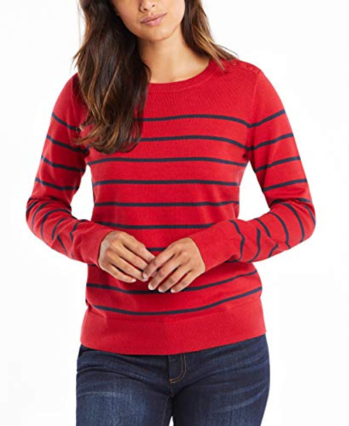 Nautica Womens Year-Round Long Sleeve 100 percent Cotton Striped Crewneck Sweater Red X-Large