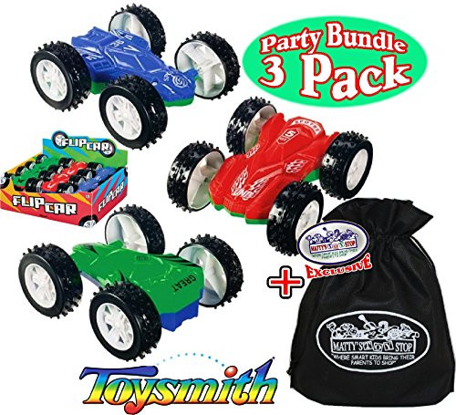 Toysmith Double Sided Stunt Flip Cars (Friction Powered) Party Set Bundle with Exclusive "Matty's Toy Stop" Storage Bag - 3 Pack (Assorted)