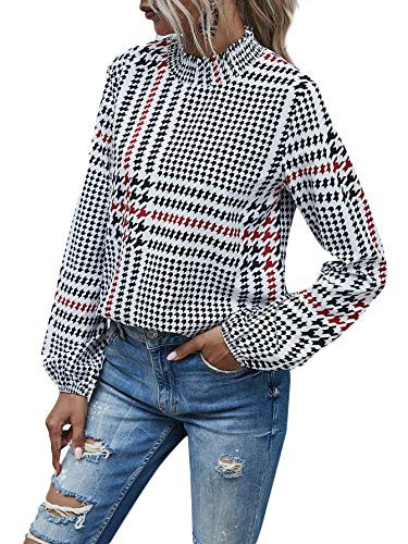 SheIn Womens Houndstooth Print Mock Neck Tops Frill Trim Long Sleeve Blouse Shirts White Small