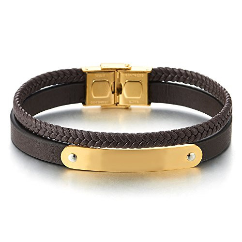 COOLSTEELANDBEYOND Mens Womens Two-Row Brown Braided Leather Wristband Bangle Bracelet with Steel ID Charms Gold Color