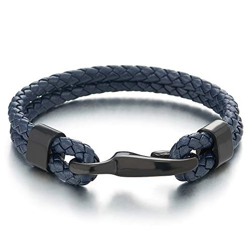 COOLSTEELANDBEYOND Mens Womens Two-Row Navy Blue Braided Leather Bangle Bracelet Wristband with Black Steel Hook Clasp