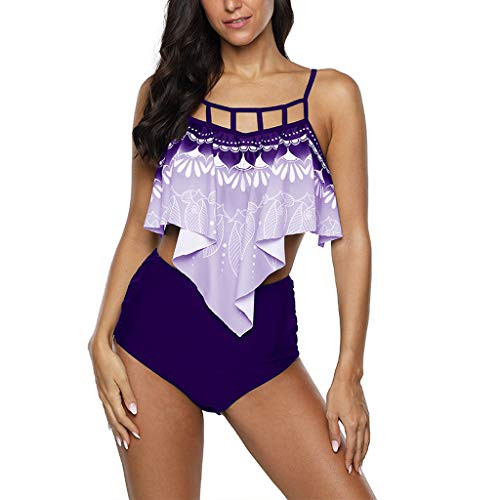 Hotkey Women Two Piece Swimsuit High Waisted Tummy Control Ruffled Bikini Set Hollow Out Swimwear Beachwear Bathing Suits Purple