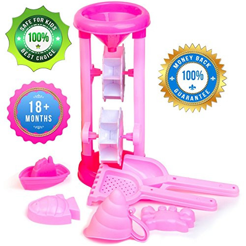 Beach Sand Toys for Girls - Funnel / Sand Wheel, Rake, Shovel, Boat and 3 Molds. Play Outdoor or Indoor. Princess Pink Set. Fantastic Toys for Preschool Girls, Toddlers, Families with Kids.