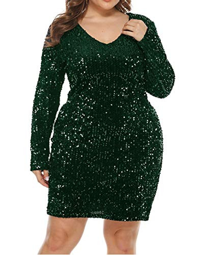 IyMoo Womens Sequin Dress Plus Size V Neck Party Cocktail Sparkle Glitter Evening Stretchy Mini Bodycon Dresses Dark Green 3XL