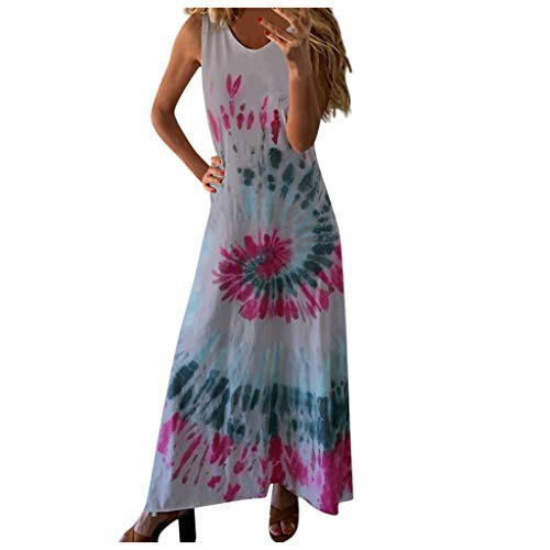 Liuxuelifg3 Summer Maxi Dresses?Womens Dresses Tie-dye Print Sleeveless Summer Beach Tank Dress Casual V-Neck Pocket Long Dress Loose Boho Sundress