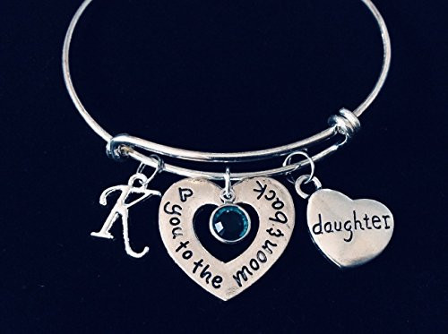 Personalized Love You to The Moon and Back Daughter or Son Adjustable Bracelet Expandable Charm Bracelet Silver Wire Bangle Rhinestone Bling Bracelet Gift