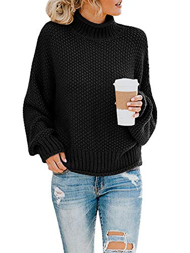 Saodimallsu Womens Turtleneck Oversized Sweaters Batwing Long Sleeve Pullover Loose Chunky Knit Jumper  Medium Black