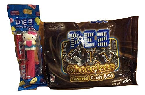 Hearts  and  Chocolates Pez Hello Kitty Full Body Pez Dispenser with Pink Bow  and  Heart in Cello Bag with 2 Rolls Candy  plus  11 Oz. Bag of Chocolate Mini Roll Refills Bundle