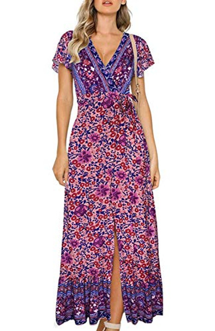 ZESICA Womens Bohemian Floral Printed Wrap V Neck Short Sleeve Split Beach Party Maxi Dress Purple