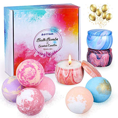 Aottom Bath Bombs with Scented Candles Gift Set 6 Natural Bath Bombs for Women 3 Aromatherapy Scented Candles Handmade Bubble Spa Gifts Kit for Mothers Day Fathers Day Anniversary Birthday