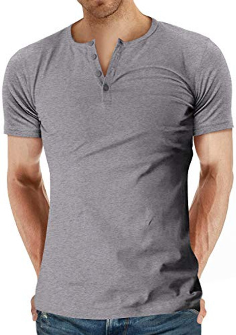 YTD Mens Casual Slim Fit Short Sleeve Henley T-Shirts Cotton Shirts L Gray