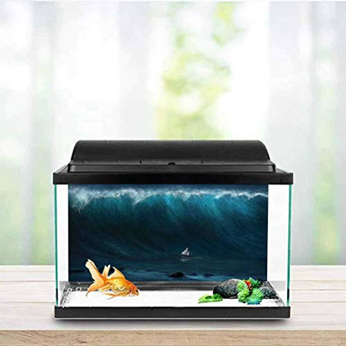 Ocean Aquarium Background Small Boat Being Captured by a Large Wave Seastorm Tsunami Marine Aquatic Theme PVC Self-Adhesive Decor Wall Dark Blue White W30 x L12 Inch
