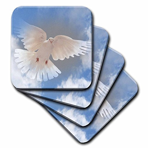 3dRose CST_167116_1 White Flying Dovein Beautiful Cloud Background Soft Coasters, Set of 4