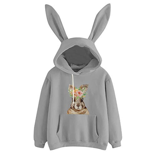 Women Girls Hoodie Rabbit Ears Long Sleeve Cute Sweatshirt Pullover Tops Blouse Lovely Loose Pockets Tops