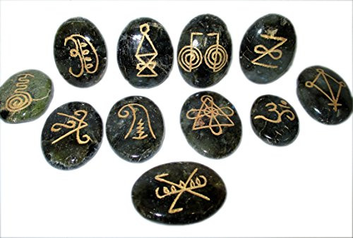 Jet Labradorite K-Aruna Reiki 11 Stone Set Oval Crystal Gemstone Engraved Healing Chakra Balancing Pouch Spiritual Pagan Wicca Free Booklet Crystal Therapy Image is JUST A Reference.