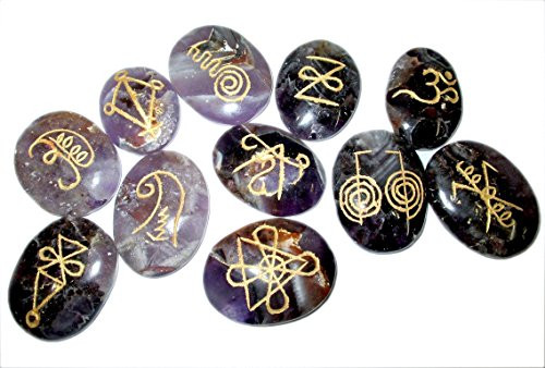 Jet Amethyst K-Aruna Reiki 11 Stone Set Oval Crystal Gemstone Engraved Healing Chakra Free Booklet Crystal Therapy Image is JUST A Reference.
