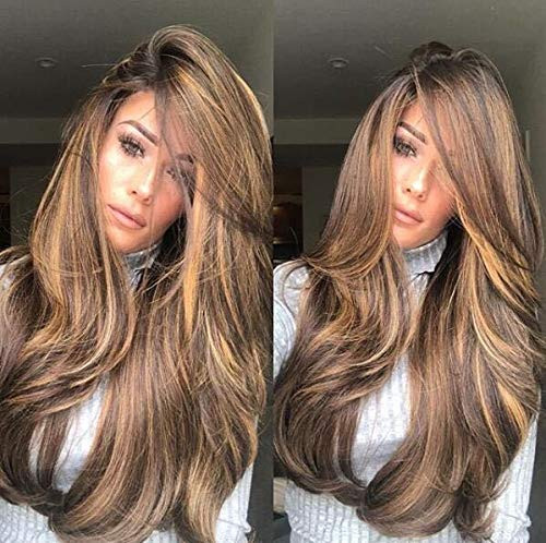 ACAO Brown Ombre Wigs Long Curly Side Part Wig 2 Tone Black to Brown Wavy Wigs for Women Synthetic Heat Resistant Party Wigs Natural