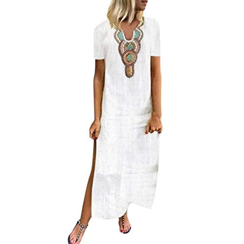COOKI Womens Summer Casual Vintage V-Neck Side Slit Bohemian Dresses Boho Maxi Shift Dress T Shirt Beach Dress Sundress White COOKI Womens Summer Casual Vintage V-Neck Side Slit Bohemian Dresses Boho Maxi Shift Dress T Shirt Beach Dress Sundress White