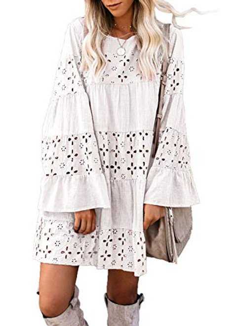 HOTAPEI Womens Fashion Summer Casual Dress O Neck Flare Sleeve Solid Color Vintage Dress Loose Hollow Out Mini Dress White HOTAPEI Womens Fashion Summer Casual Dress O Neck Flare Sleeve Solid Color Vintage Dress Loose Hollow Out Mini Dress White