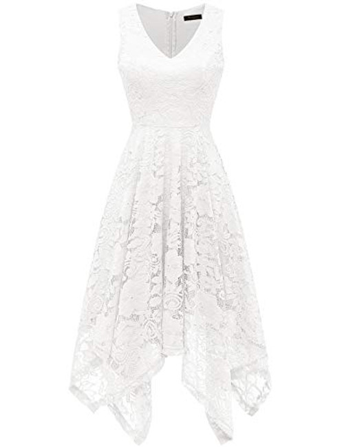 Meetjen Womens Vintage Floral Lace Dress Handkerchief Hem Asymmetrical Cocktail Formal Swing Dress White S