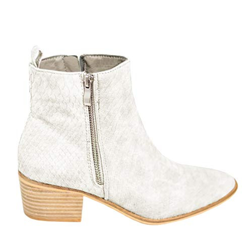 FISACE Womens Pointed Toe Mid Heel Ankle Boots Side Zipper Chunky Stacked Block Heeled Western Booties White FISACE Womens Pointed Toe Mid Heel Ankle Boots Side Zipper Chunky Stacked Block Heeled Western Booties White