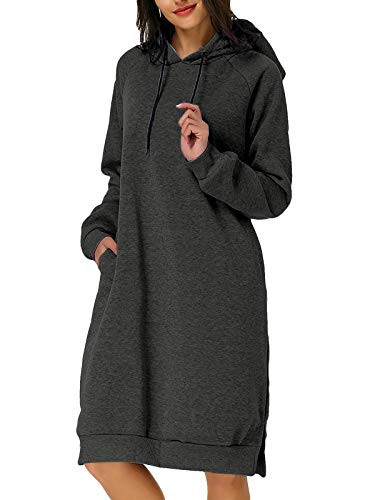 Kidsform Womens Hoodie Long Tunic Dress Solid Pullover Loose Sweater Hoodie Tops Sweatshirt Long Tops Pockets A-Thick Dark Grey XX-Large