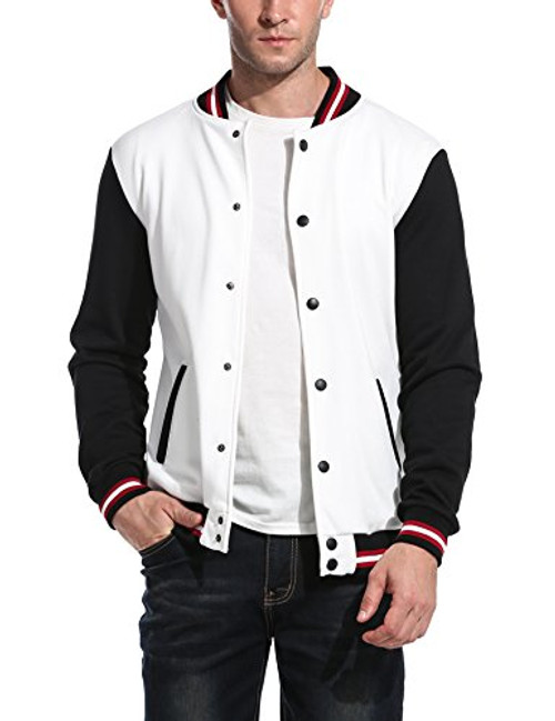 COOFANDY Men Fashion Long Sleeve Button Front Cotton Bomber Baseball Jacket WhiteMedium