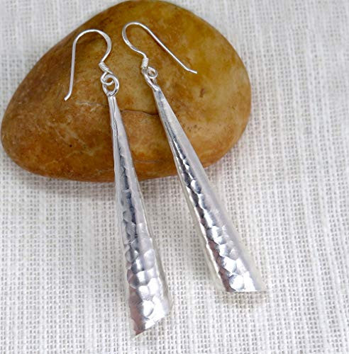 Handmade Hammered Sterling Silver 2 3 4 inches Long Cone Shaped Dangle Earrings Shiny Light Reflecting Boho Hippie Earrings Gift for Her