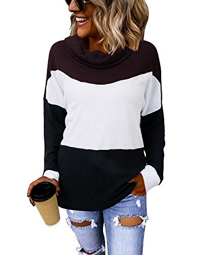 LANISEN Waffle Knit Shirts Long Sleeve Womens Cowl Neck Pullover Knitted Loose Sweaters Tops Long Sleeve Color Block Loose Casual Fall Tops Red S