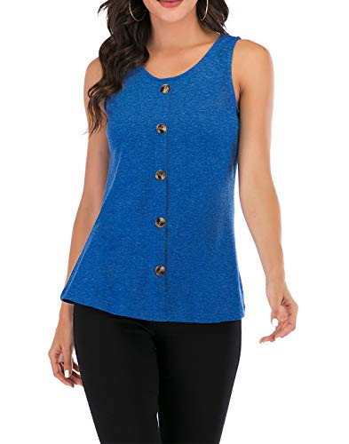 OEUVRE Button Down Tank Tops Sleeveless Round Neck Loose Fit Casual Summer Tunic Shirt Blouse Tops for Women Blue S