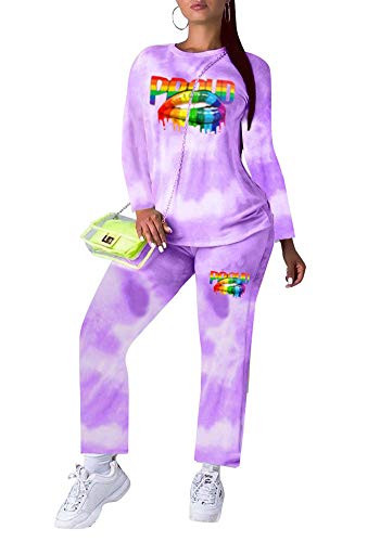 Women Two Piece Outfit Tracksuits Jogger Fall Clothes Sweatsuit Sweatshirt Sweatpants Tie Dye Jumpsuit Purple