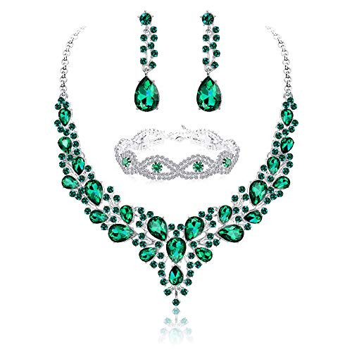 Fiasaso Crystal Bridal Jewelry Set for Women Rhinestone Necklace Earrings Bracelet Wedding Bridesmaid Green