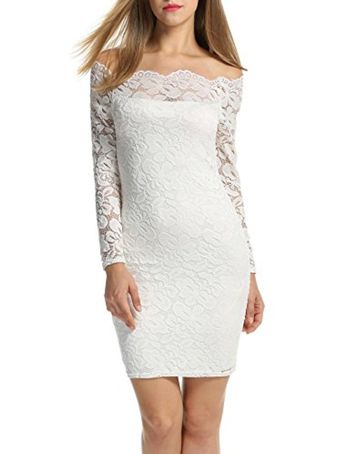 ACEVOG Womens Off Shoulder Lace Dress Long Sleeve Bodycon Cocktail Party Wedding Dresses White XL