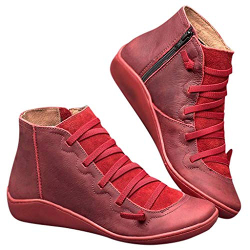 Quealent Ankle Booties for Women No HeelAnkle Boots Platform Boots Cowboy Boots Lace Up Retro Side Zipper Booties Red