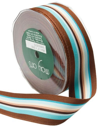 May Arts 5/8-Inch Wide Ribbon, Turquoise and Brown Grosgrain Stripes