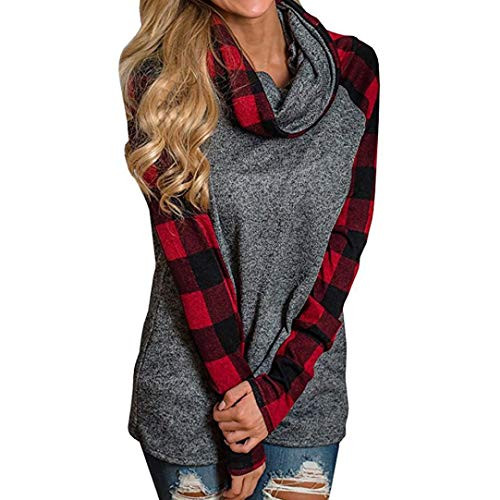 Rambling New Womens Long Sleeve Cowl Neck Tunic Tops Casual Plaid Sweatshirts Pullover  Red 3XL