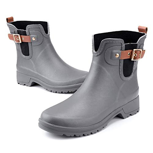 Camfosy Rain Boots for Women Waterproof Ankle Rain Boots Shoes Wide Calf Lightweight Chelsea Garden Shoes Anti Slip Short Boots Booties Comfortable Wellington Boots Rain Footwear Grey 6