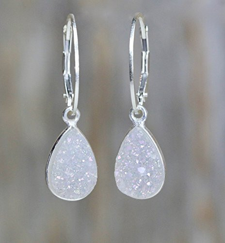 Dainty White Druzy Teardrop Sterling Silver Pear Drop Earrings- Womens Jewelry- Gift Idea